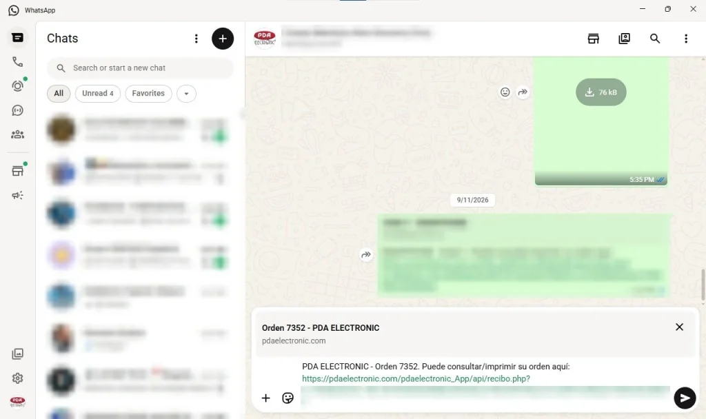 Envío de recibos de servicio técnico por WhatsApp con PDA Service Manager