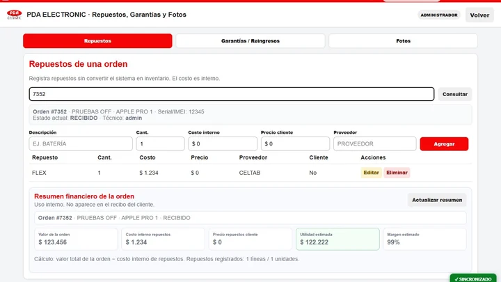 Gestión de repuestos y garantías en PDA Service Manager